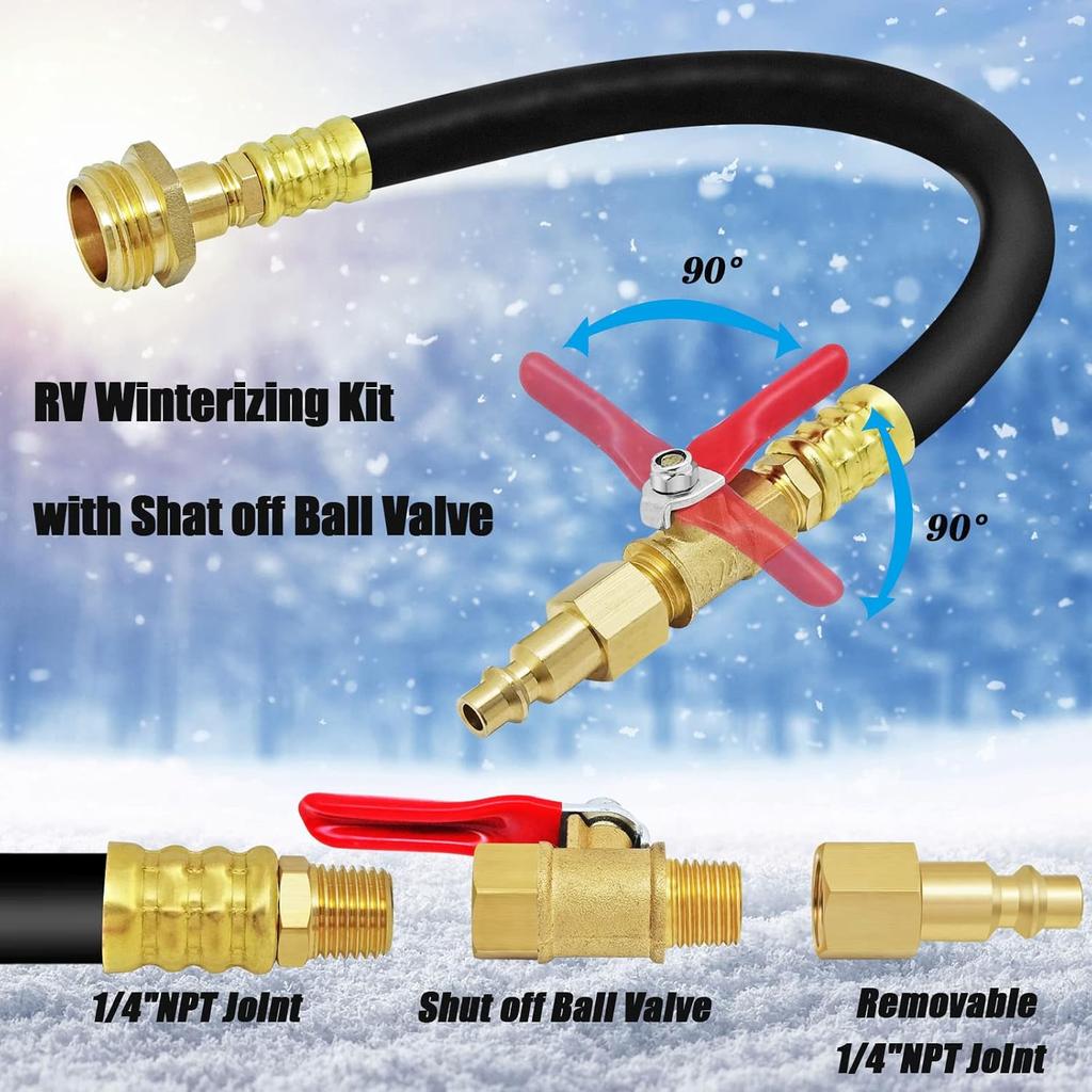 RV Winterizing Kit Water Line Blowout Adapter Fitting With Shut Off Valve, 12" RV Winterizer Blow Out Plug To 3/4" Garden Sprinkler Hose Faucet Boat