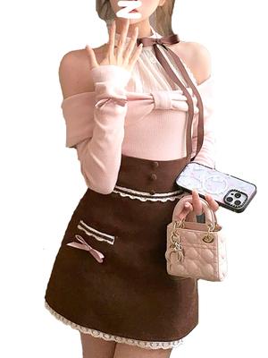 Neat and Clean Dress for Sexy Lace and Ribbon Mini Sweater with Knit and Tight Perfect for Mori French and Gal Long and Pink and Size L [MODKOKU]