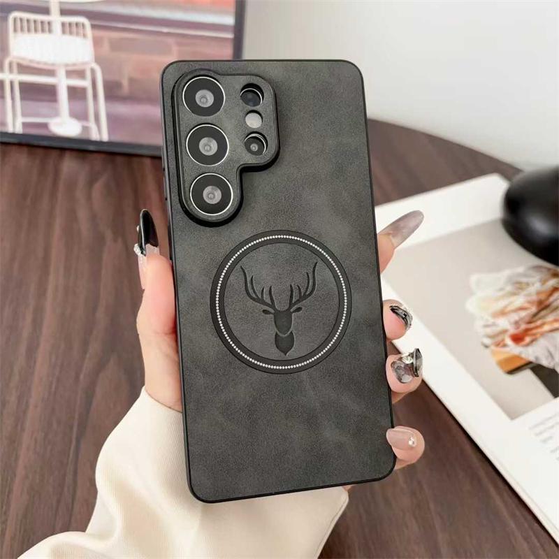 PU Leather Deer Head Magnetic Case for Samsung Galaxy S26 Ultra S25 Fe S23 S22 Plus S26+ Magsafe Mac Safe Shockproof Phone Cover