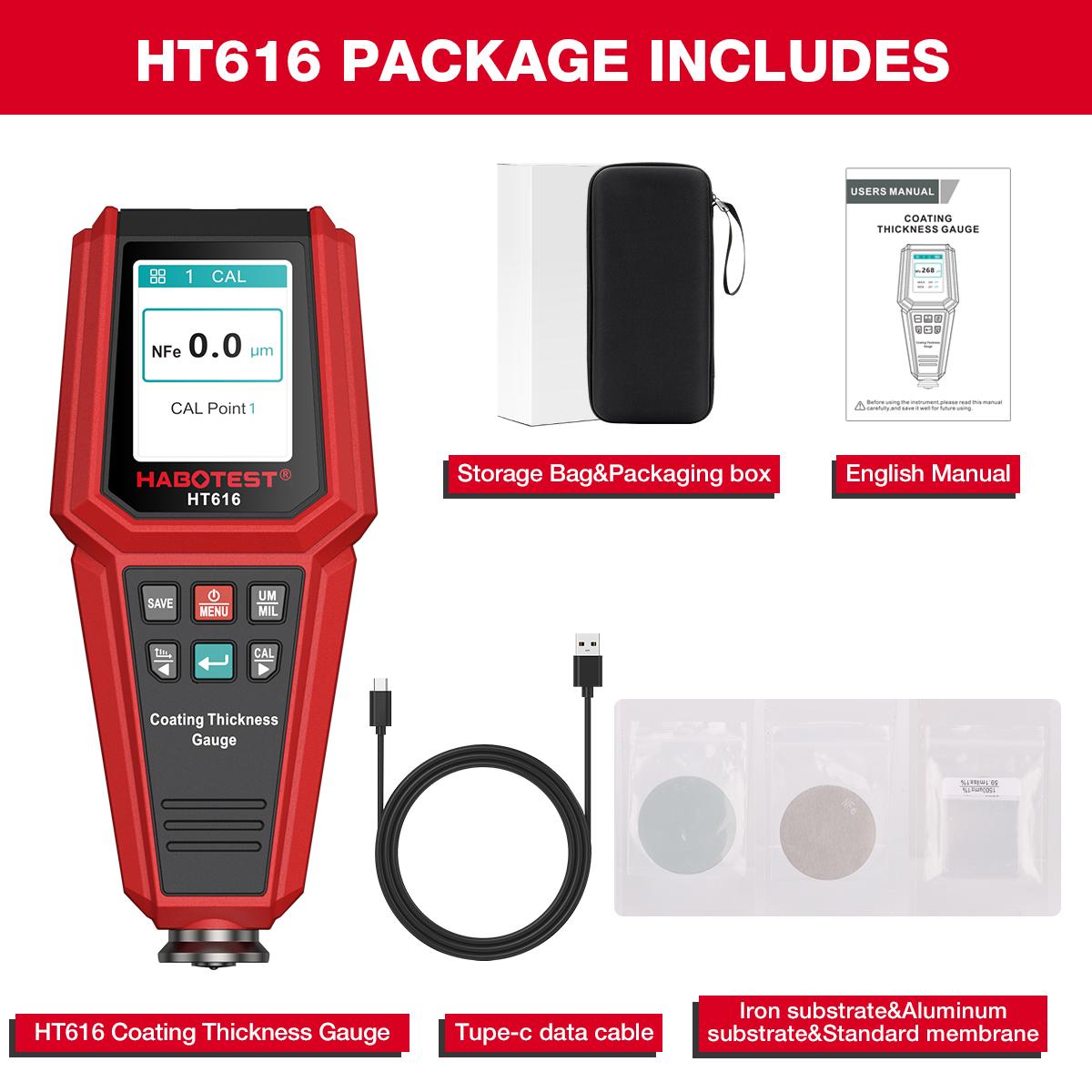 

HABOTEST HT616 Car Paint Thickness Gauge 0.1 Micron 0-1500UM Fe&NFe Data Paint Thickness Tester Coating Meter Automotive Tools HT616