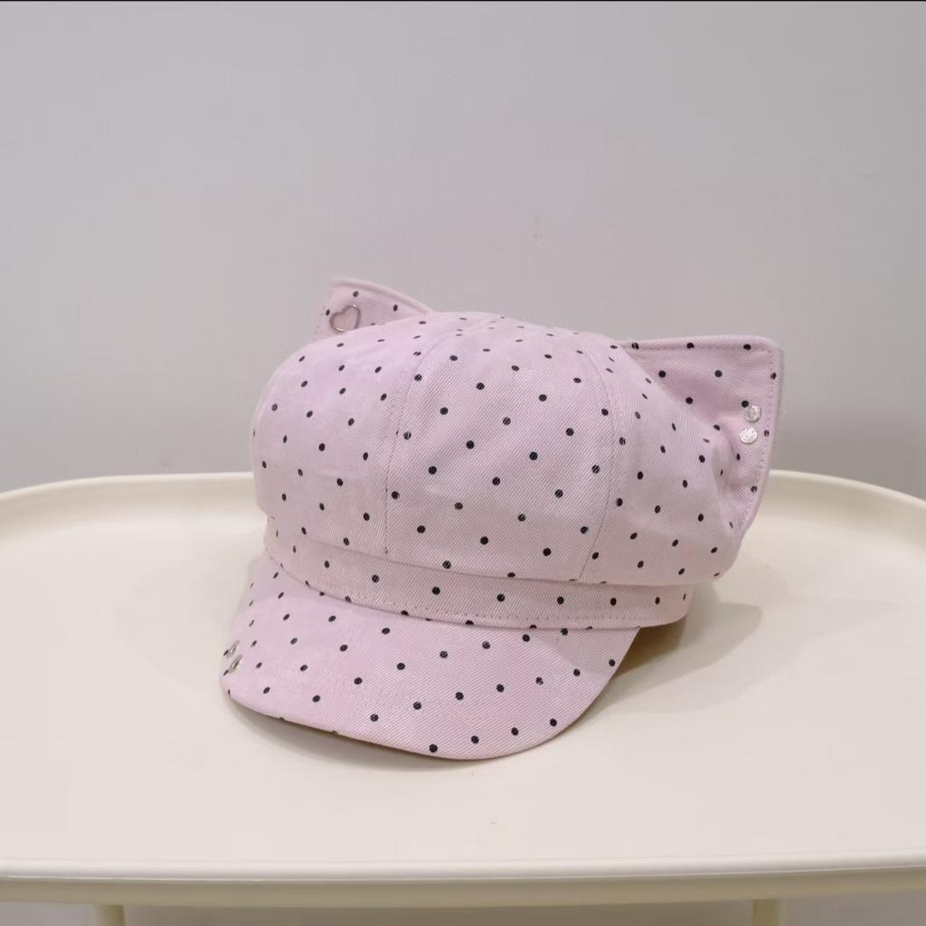 Retro polka dot cat-ear soft and cute duckbill cap for women, autumn and winter sunshade newsboy cap, trendy and face-slimming octagonal hat