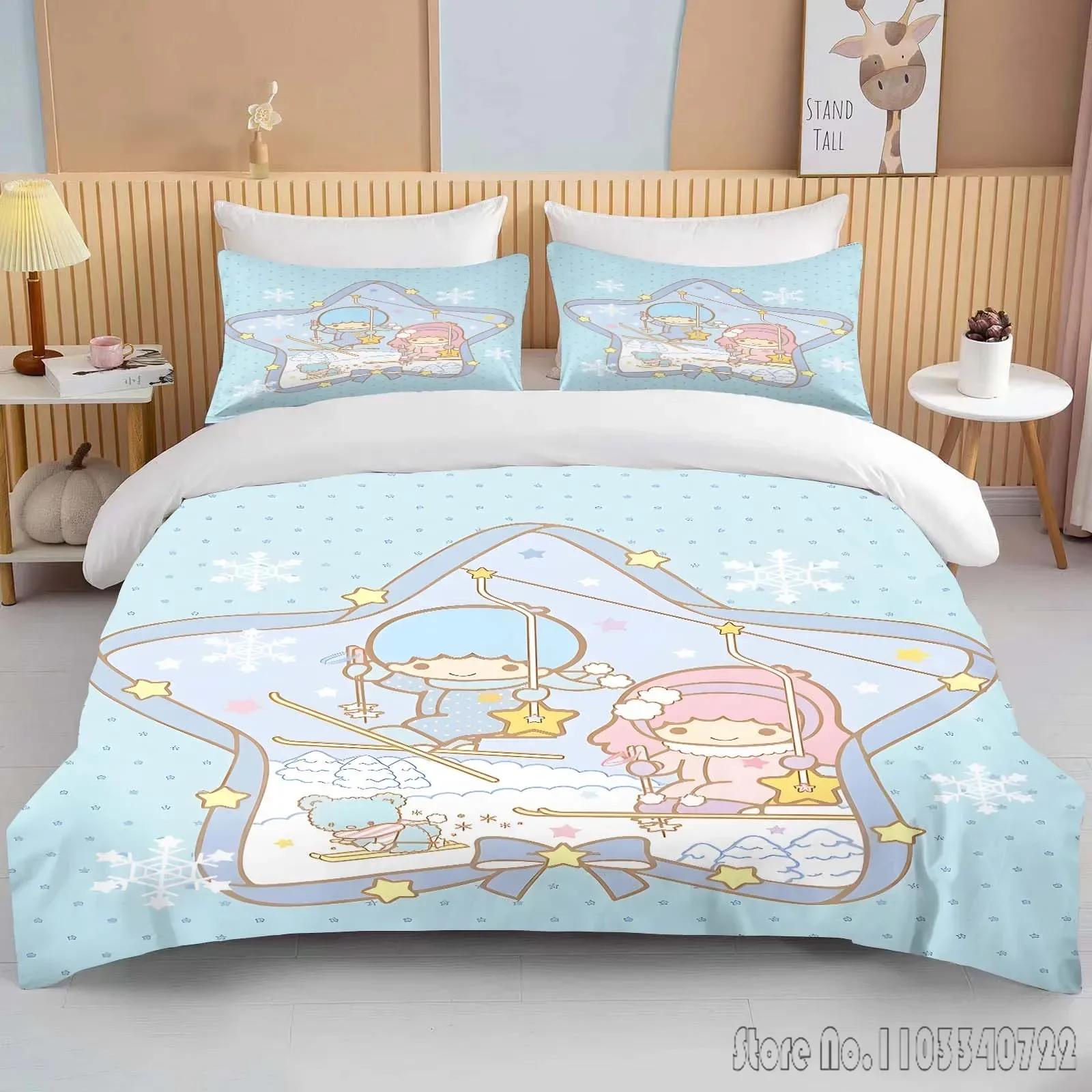 

Sanrio Little Twin Stars Печатный Мягкий Комплект Постельного Белья Пододеяльник Аниме Одеяло Подарок на День Рождения для Взрослых и Детей Постельное Белье Полного Размера Роскошный EU Single(135*200cm)3pcs
