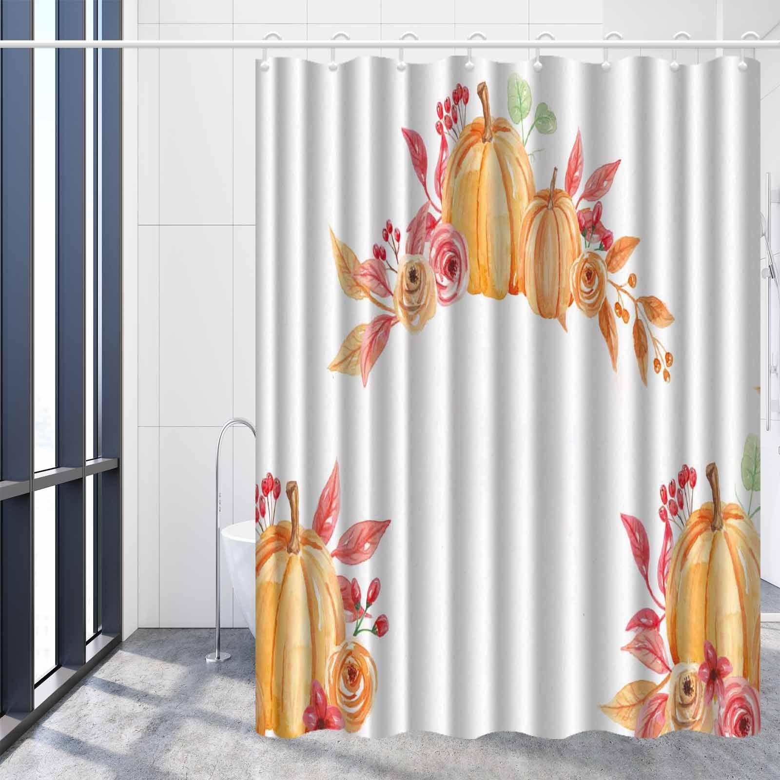 Autumn Minimalist Pumpkin Shower Curtain, Anti-Fog,  Vibrant Fall Floral Design,Cozy Seasonal Bathroom Ambiance W90xH180cm