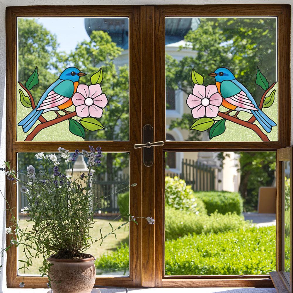 Double-Sided Transparent Window Sticker: Colored Flower & Bird Corner Glass Film with Adhesive