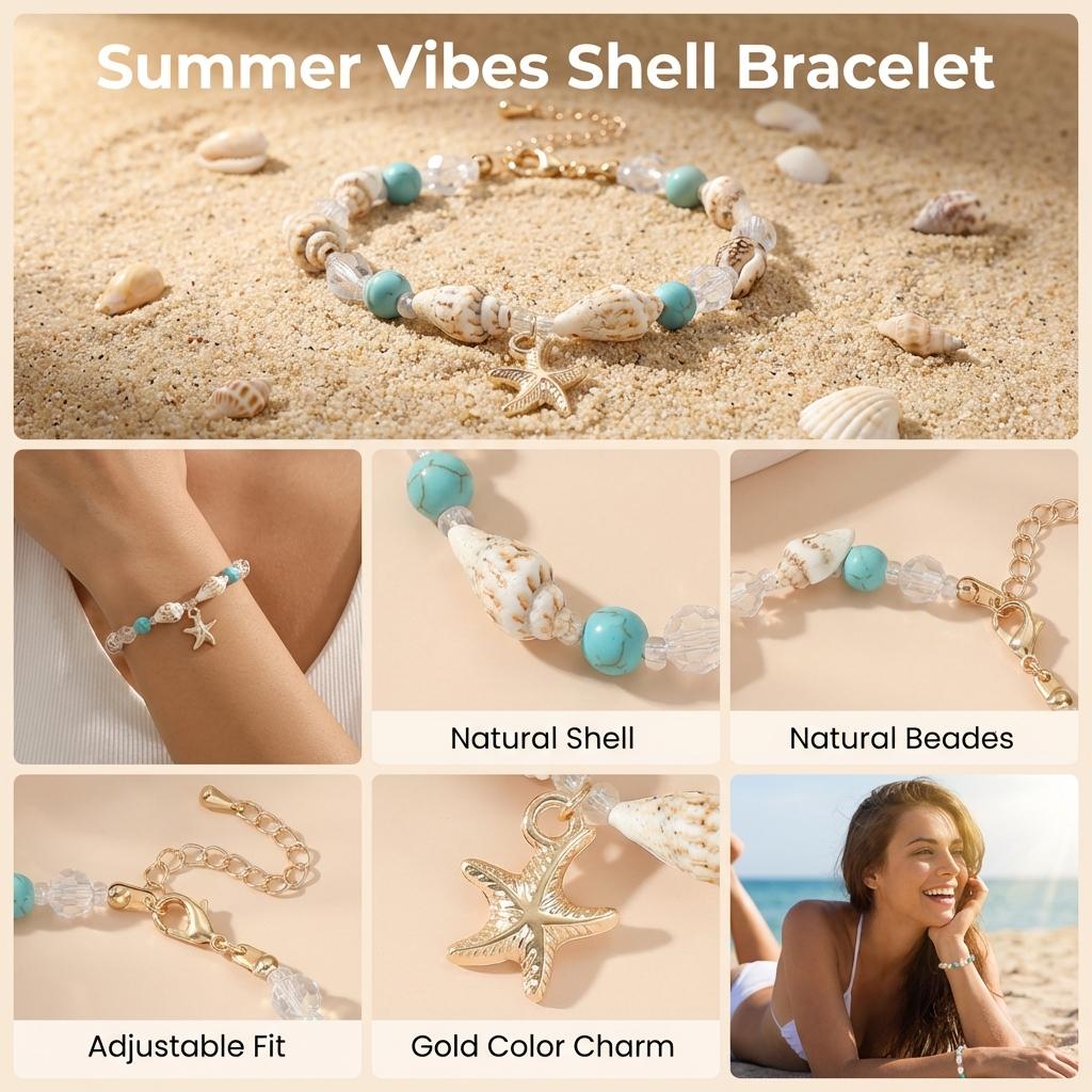 Braccialetto Bohémien con Conchiglie Cowrie, Ciondoli Carini a Stella Marina, Perline Blu, Elastico per Polso da Donna, Gioielli per Vacanze Estive al Mare