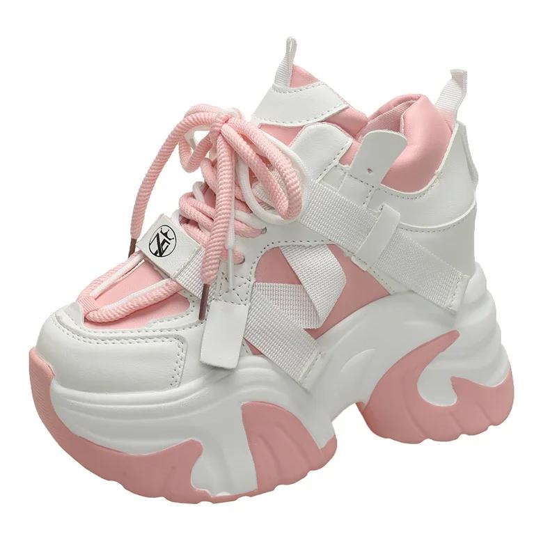 Fashion Women High Platform Casual Leather Shoes 2025 New Autumn Lace-up Chunky Sneakers 10.5cm Wedges Hidden Heels Leisure Shoes Woman
