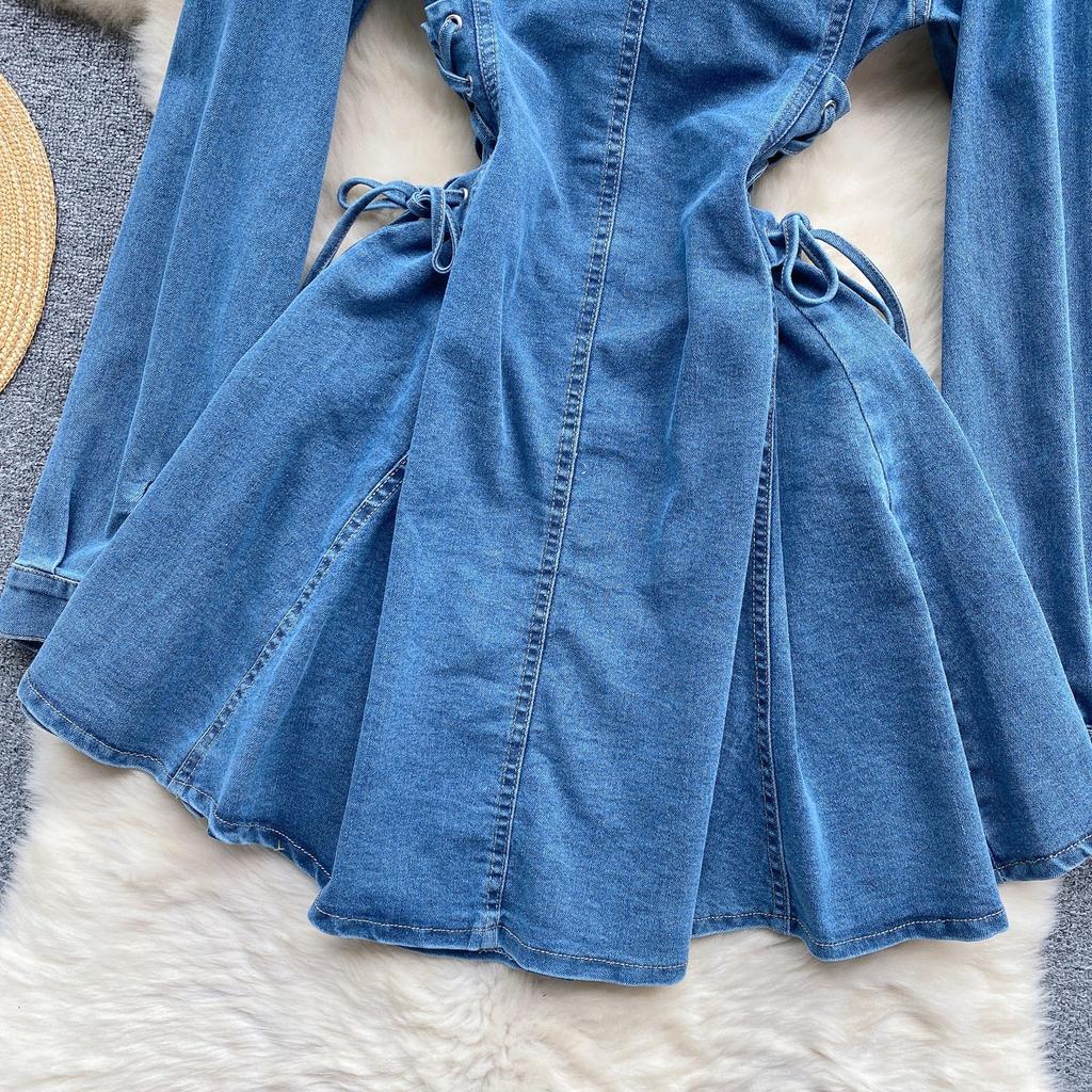 Vintage Denimrock Taillengürtel Taille Temperament Geknöpft Figurbetontes Kurzkleid