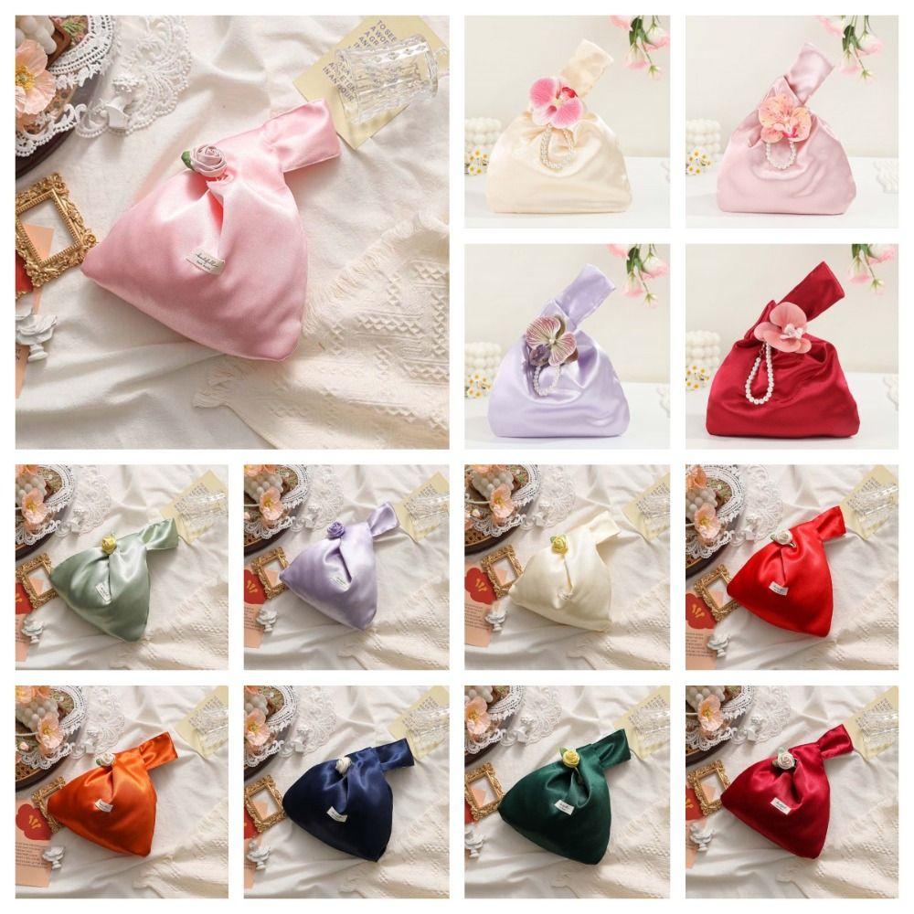 Satinros Handväska Elegant Handväska Hanfu-tillbehör Presentpåse för Godis Brud