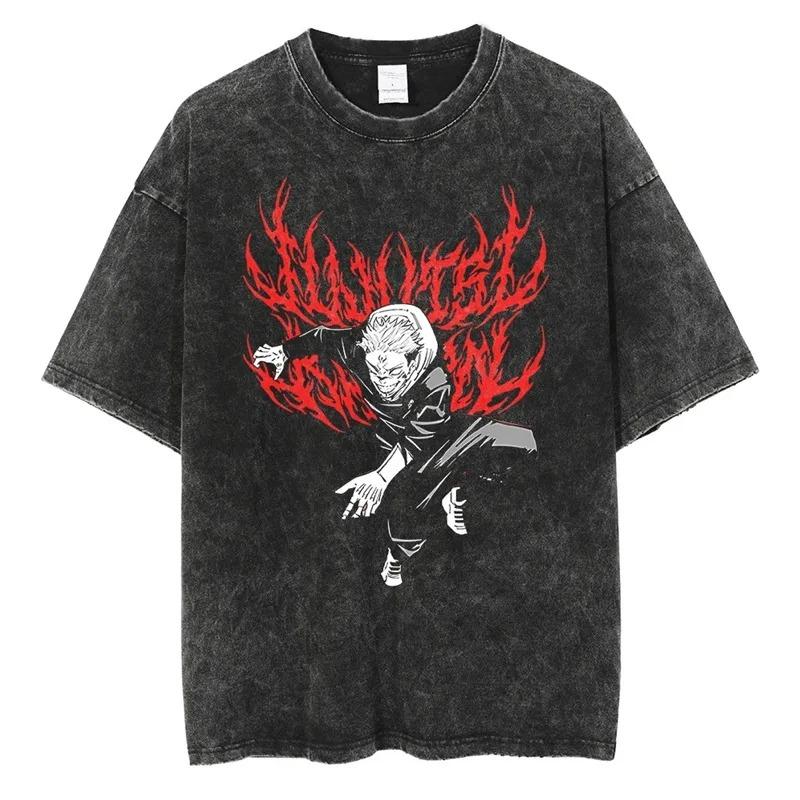 Jujutsu Kaisen Vintage Washed Men's T-shirt Oversized Tee Shirt Anime Manga Short Sleeved Harajuku Men Clothes Cotton High Quality Short Sleeves