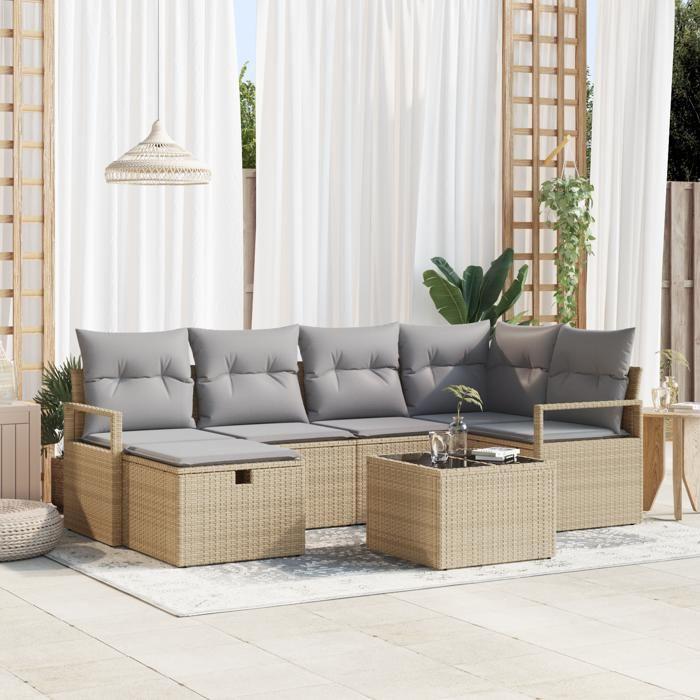Ensemble de 7 pièces de canapé de jardin avec coussins beige poly rotin, Canapé de jardin 2 places avec rangement 3360521