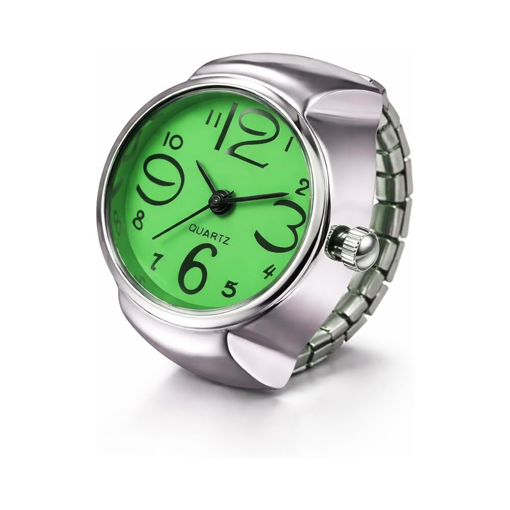 Stainless Steel Analog Quartz Ring Watch Green Finger Accessory