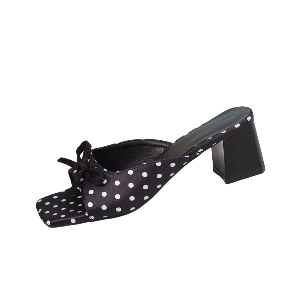 French Polka Dot Bow, One Line Temperament, Coarse Heel, Cool Slippers