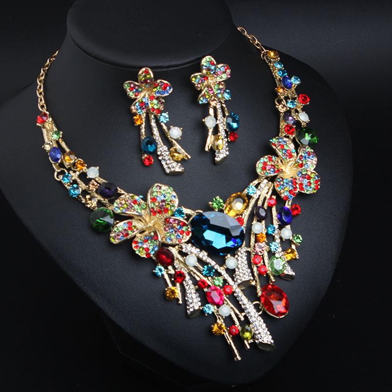 Luxury Diamond Necklace Earrings Set Party Wedding Dress Dinner Accessories Colorful Rhinestone Necklace Earrings Chain for Girls