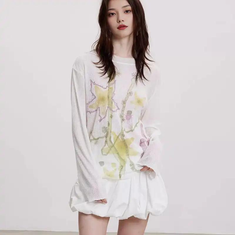 Women's White Floral Print Sheer Blouse Long Sleeve Crew Neck Loose Casual Top