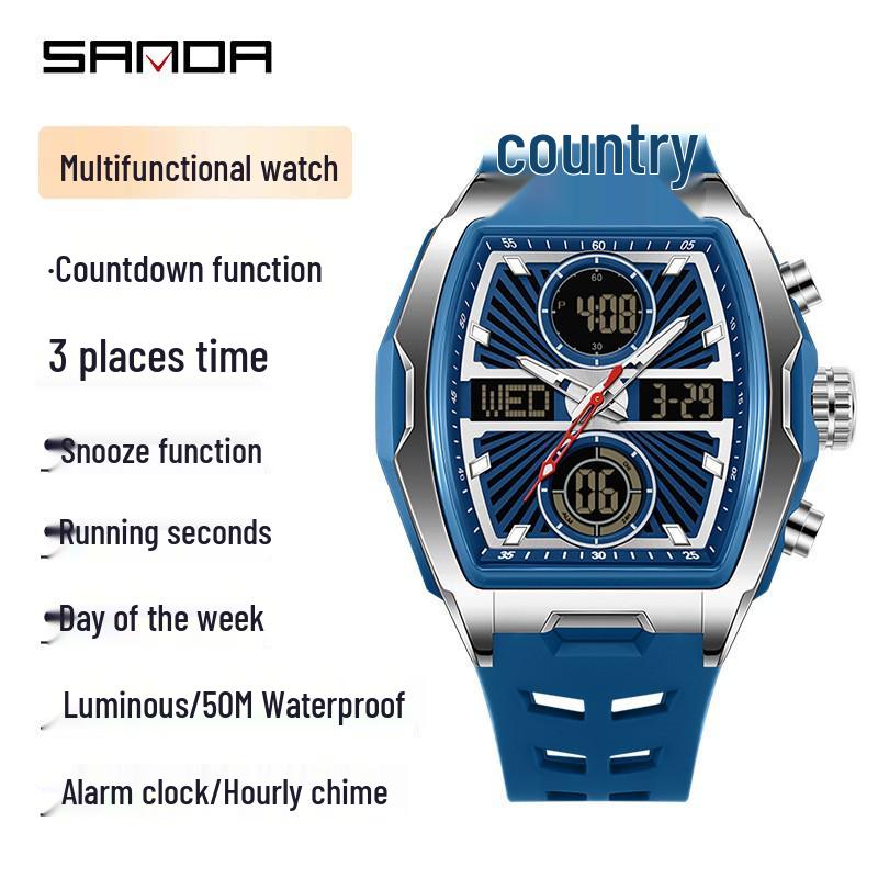 Sanda Dual-Movement Barrel Watch: Luminous Alarm, Large Dial, Multifunctional Student Watch.