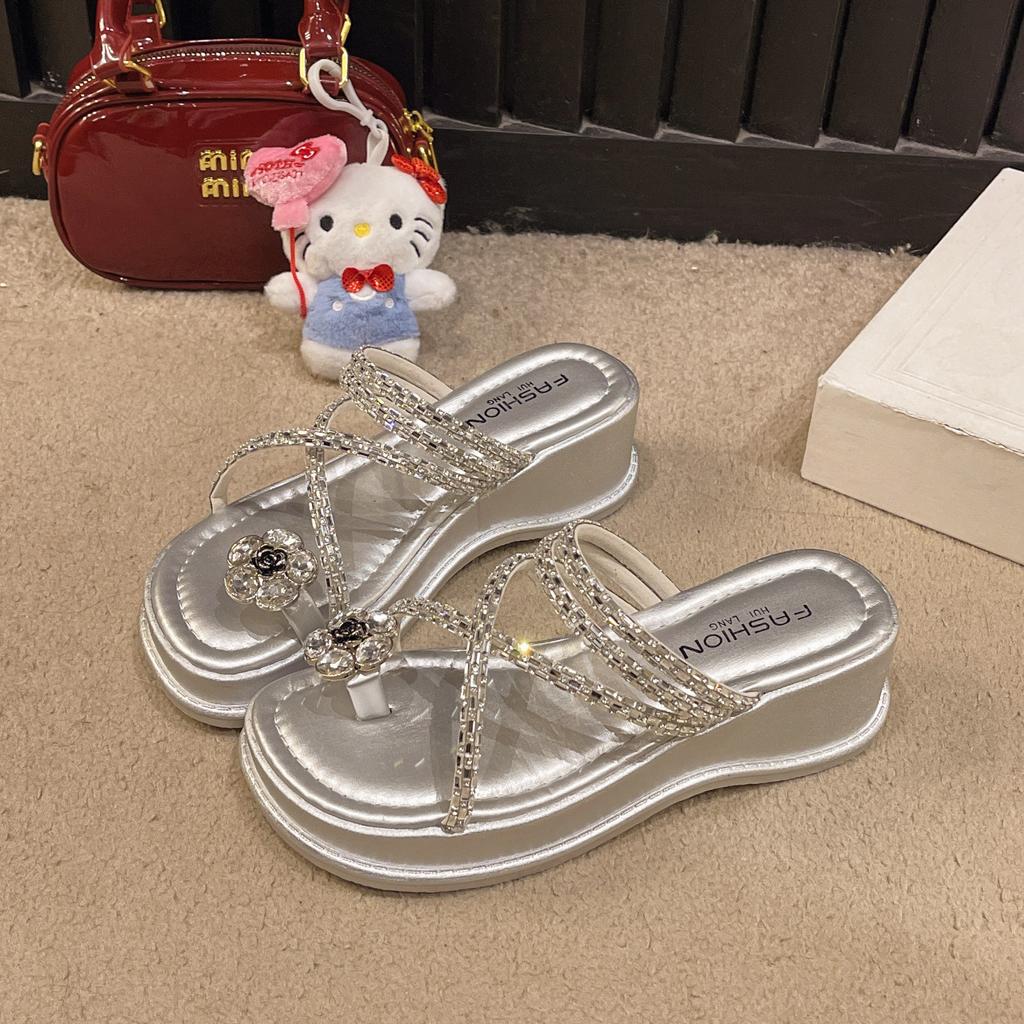 Pearl Rhinestone Sandals Slippers Women's Summer Wear Pinch Feet Fat Wide Set Toes French Roman Beach Platform Wedge Sandals