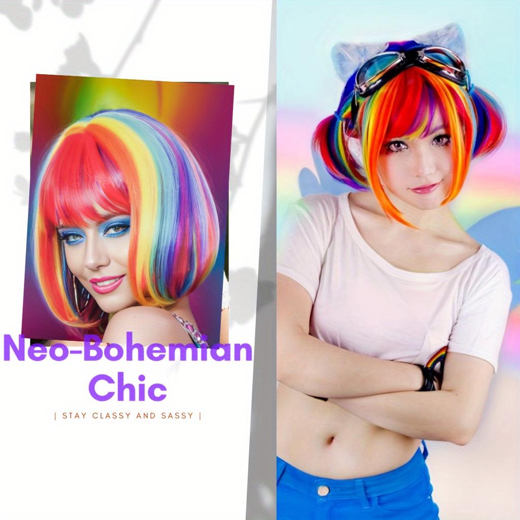 Multicolor Rainbow Wig Short Bob Wig With Bangs Straight Synthetic Cosplay Wig For Women Girls