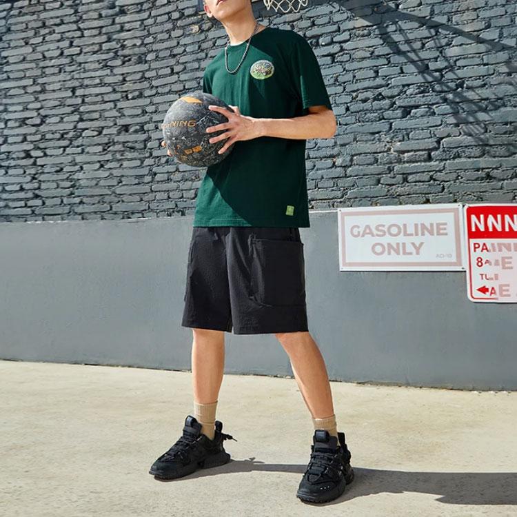 Li Ning Badfive Letter Print Round Neck Pullover Short Sleeve T-Shirt Men Tops Dark-Green AHSS739-6