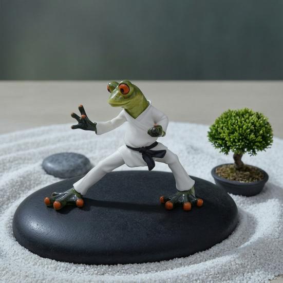 Taekwondo Frog Figurine Black Belt Green Frog Statue Resin Martial Arts Animal Sculpture