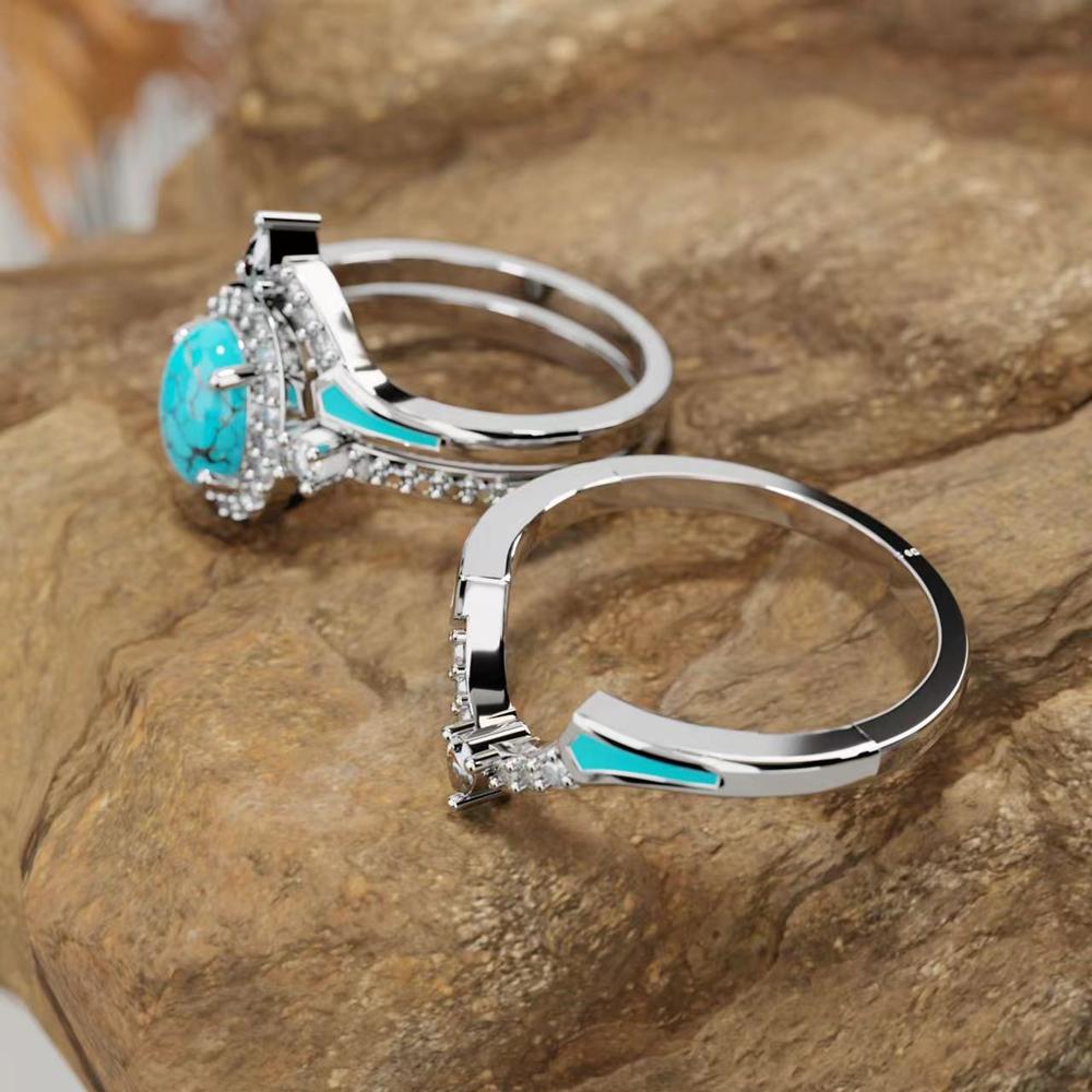Anello di cristallo turchese retrò di moda per le donne Set di anelli di colore argento bohémien Set di gioielli Boho Set di 3 pezzi