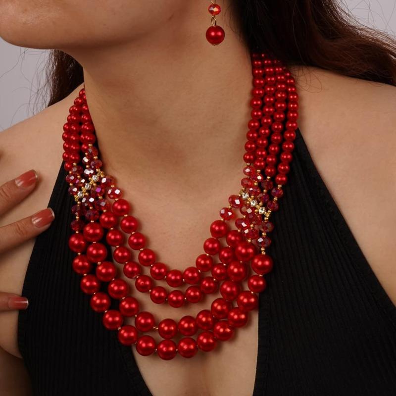 Nowa Moda Wielowarstwowy Ręcznie Robiony Naszyjnik z Imitacji Pereł i Kryształów, Koralikowy, Cyrkoniowy Zestaw Naszyjnik i Kolczyki dla Kobiet, Akcesoria na Imprezę