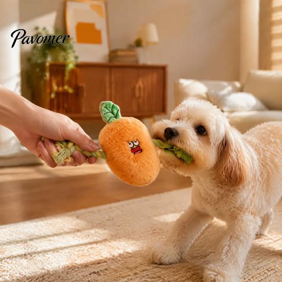 Aggressive Chewer Toy Stuffed Vegetable Dog Toy, Interactive Squeaky Chew Plush Carrot Eggplant Green Pepper with Rope Arm for Tug-of-war, Small