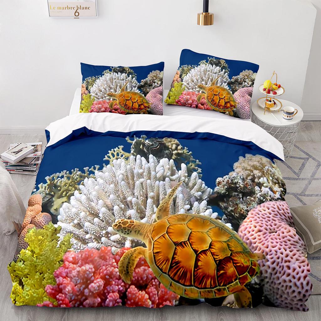 Underwater World King Queen Duvet Cover Cartoon Ocean Animal Bedding Set For Kids Fish Coral Sea Life Soft Polyester Quilt Cover