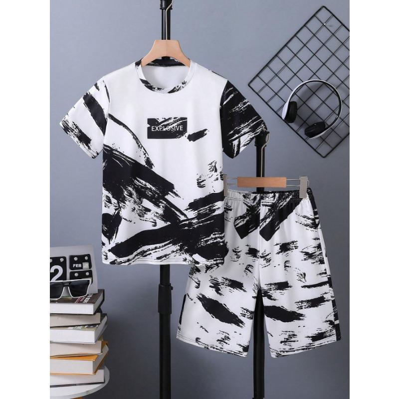 Men's 2-piece Letter Printed Round Neck Short Sleeved T-shirt and Shorts Set, Lightweight and Breathable Short Sleeved Set, Soft