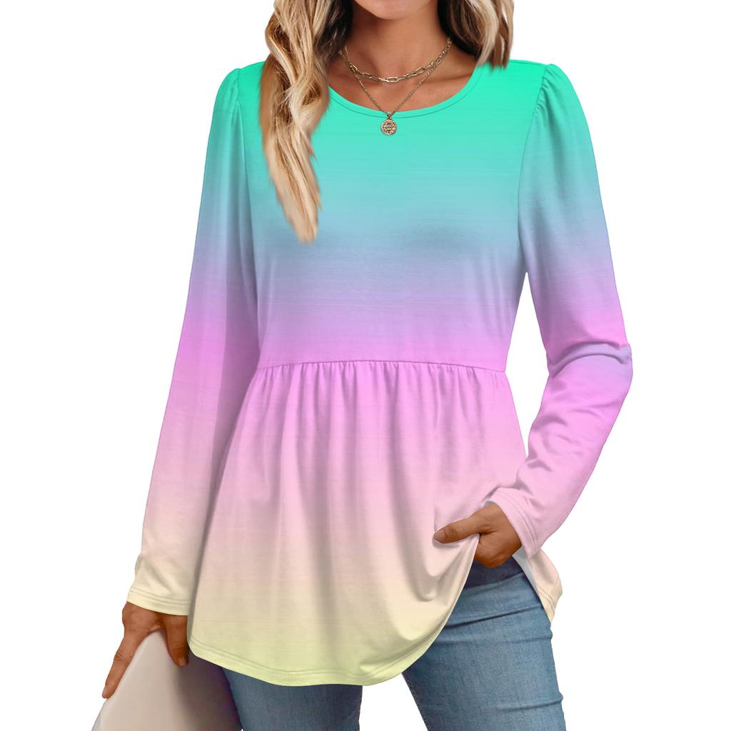 Women's Casual Fashion Long Sleeve Shirt Gradient Tunic Top