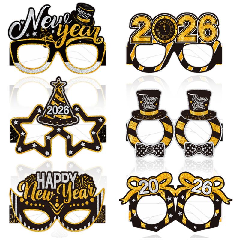 6Pcs/Set 2026 Happy New Year Black Gold New Year Paper Glasses Photo Props