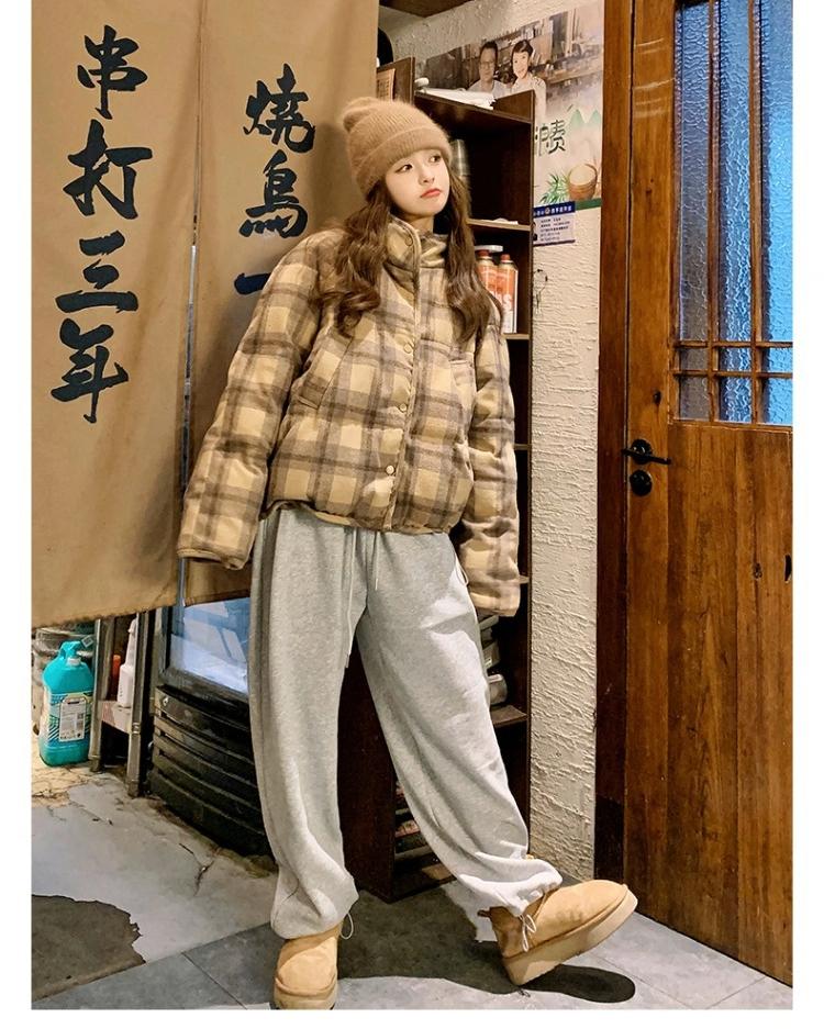 Kurze Kaffee Karierte Baumwollgepolsterte Jacke Damen Winter Locker Oberbekleidung