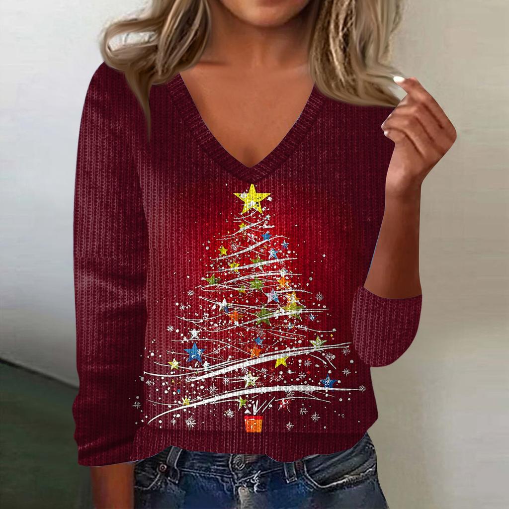 Women's Cute Sweatshirt Knitted Fashion Casual V-neck Long-sleeved Cozy Print Top