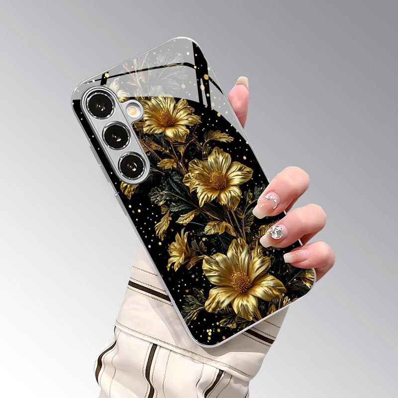 Metal Floral Pattern 2D Phone Case for Samsung S26 S25 S24 S23 S22 S21 S20 A56 A36 A16 - Electroplated Glass Protective Cover