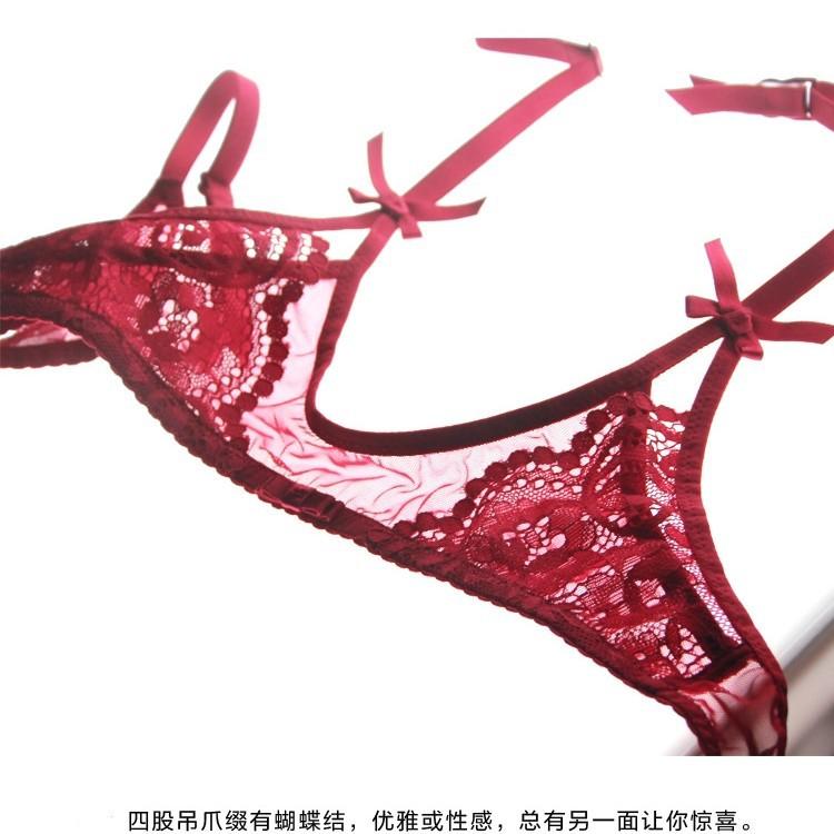 Three-piece set of sexy lace women's underwear upper support gathering bra thin cotton half cup garter bra set