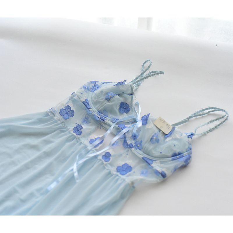 

Лечебный Ледяной Цветок Синяя Ночная Сорочка Женская Нишевая на Бретелях Короткое Платье Сексуальная Сетка Вышивка с Чашкой Чистое Желание Пижама Домашняя Одежда Light blue Skirt XL recommended 80D/85BC