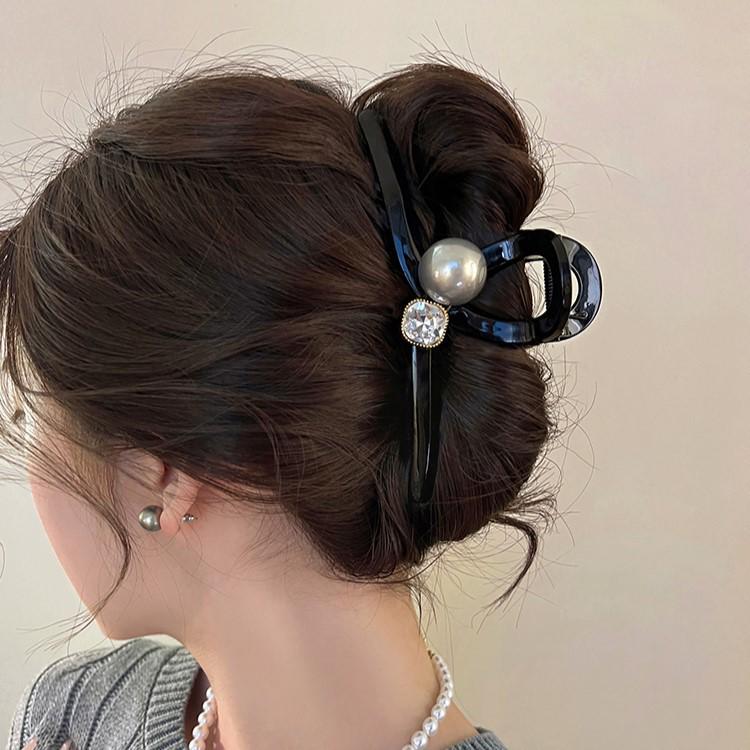 Glossy Black Large Pearl Hair Claw Clip for Women - High-End Shark Clip for Thick Hair
