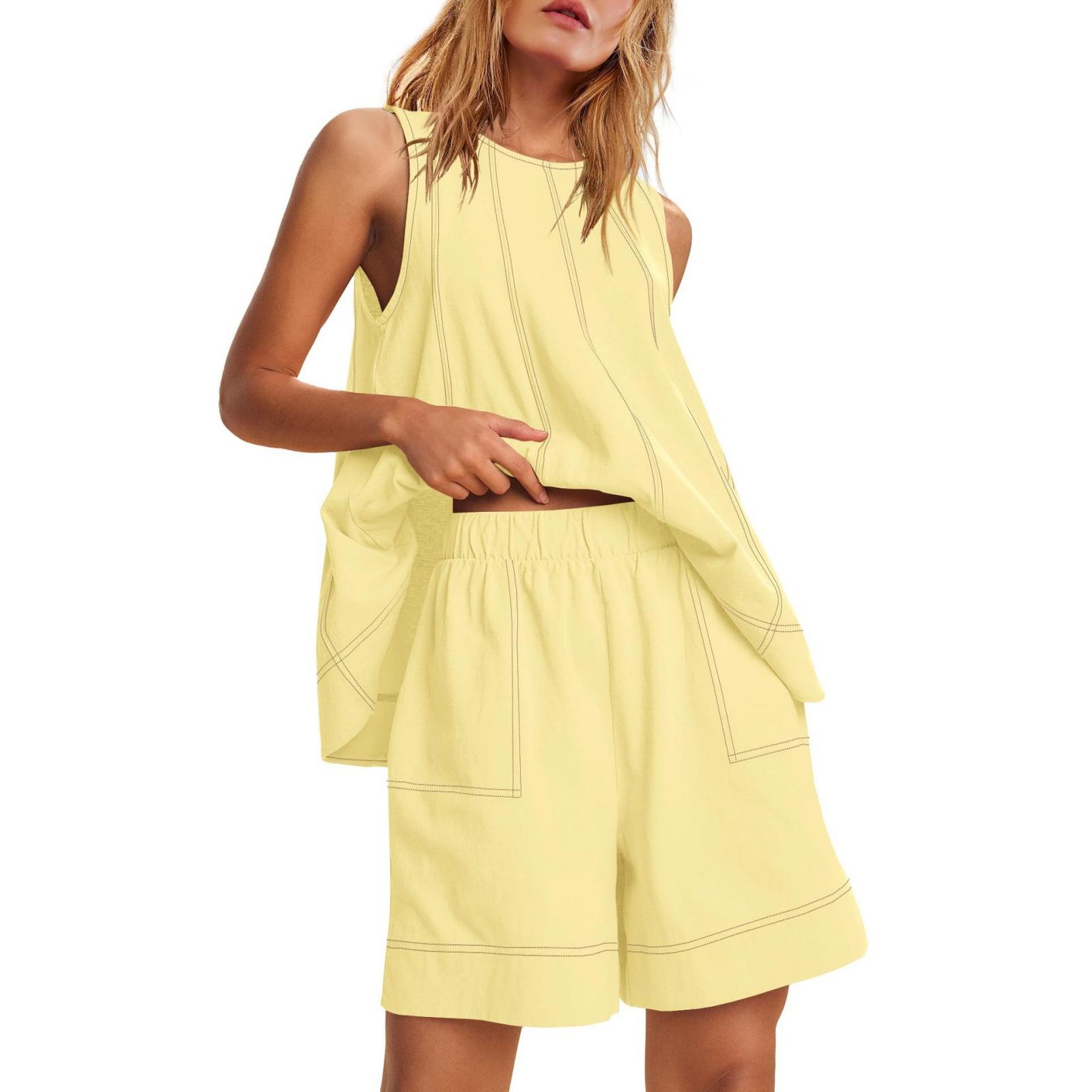 Women s Fashionable Loose Sleeveless Top + Shorts Casual Two-Piece Set XL жёлтый