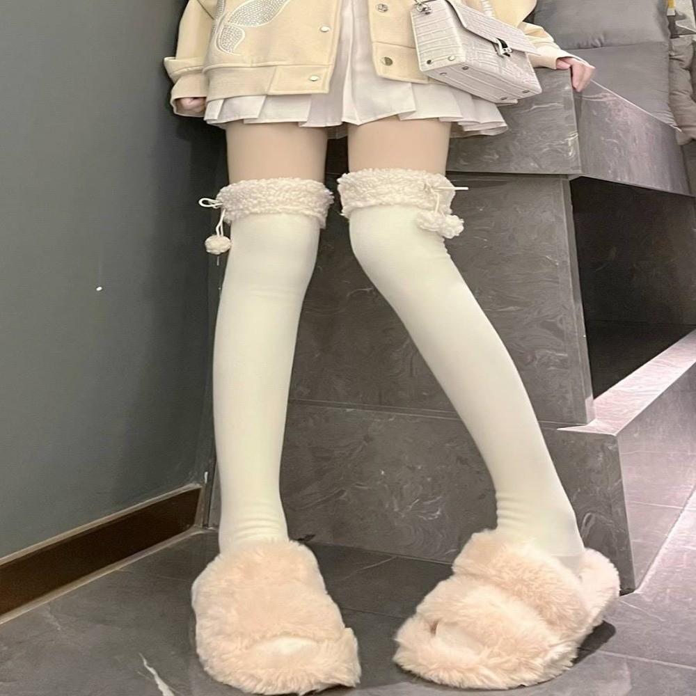 1 Pair Vertical Stripe Knee High Socks Lamb Fur Plush Stockings Cute Over Knee Socks  Autumn Winter
