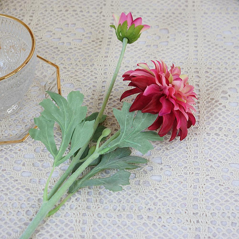 Real Touch Simulation Dahlia Flower 2 Heads Silk Chrysanthemum Flower  Wedding Party Decor