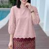 Women Casual Round Neck 3/4 Sleeve Loose Patchwork Blouse