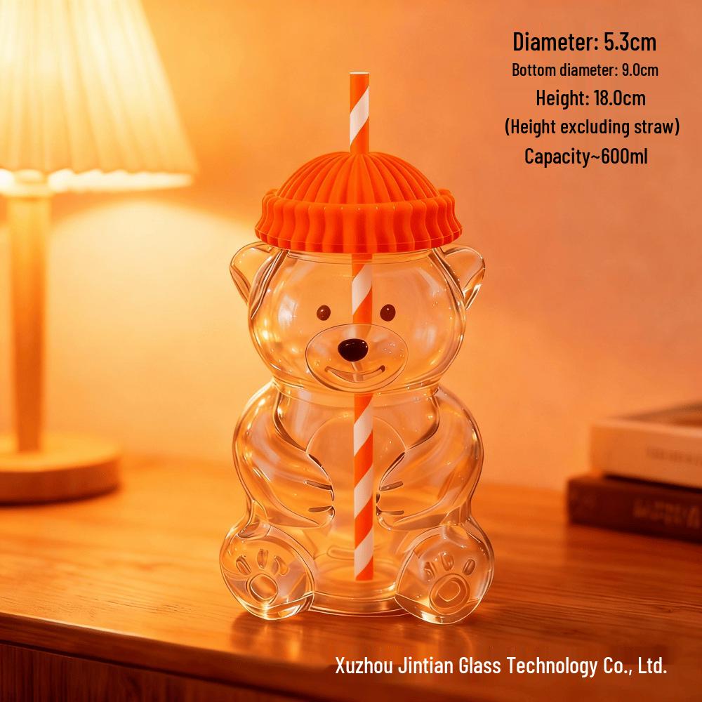 High-Temperature Resistant Cartoon Bear Glass Cup with Straw - Cute Borosilicate Glass for Women 600ml