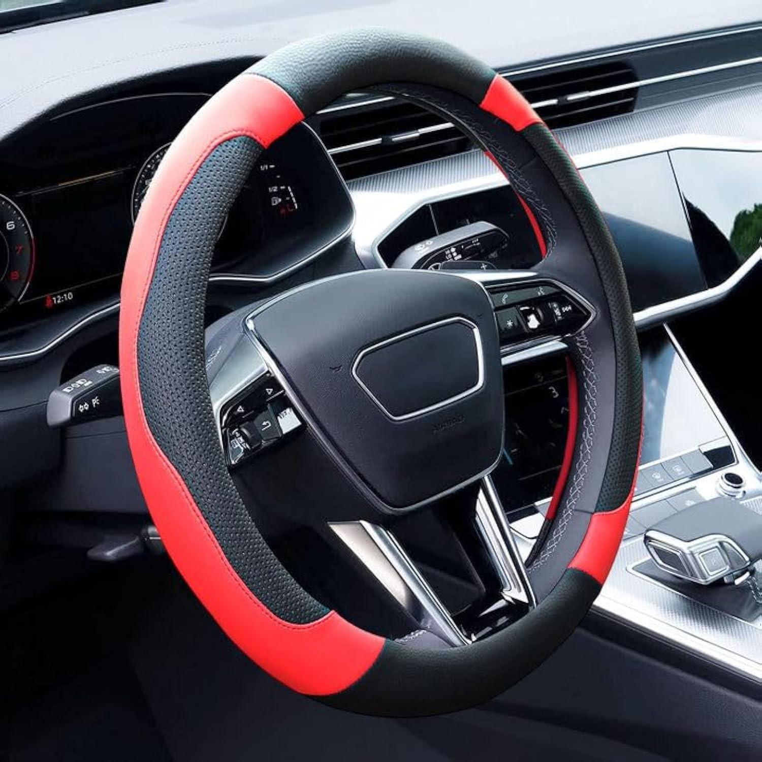 Black and Red Steering Wheel Cover Microfiber Leather Sporty Car Accessorie