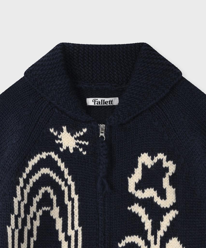 Fallett Drawing Garden Cowichan Knit Zip-Up Navy