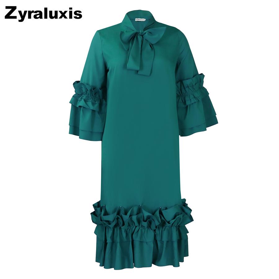 Sommer Herbst Neue Mode Lässiger Stil Rüschen Glockenärmel Übergröße Kleid