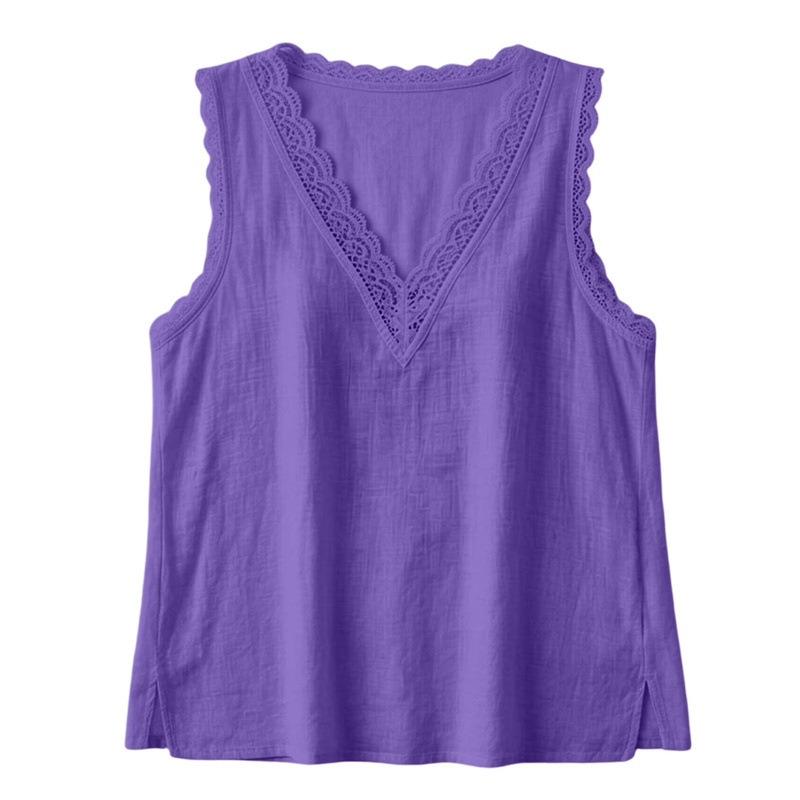 Womens Casual Summer Sleeveless V Neck Lace Trim Shirt
