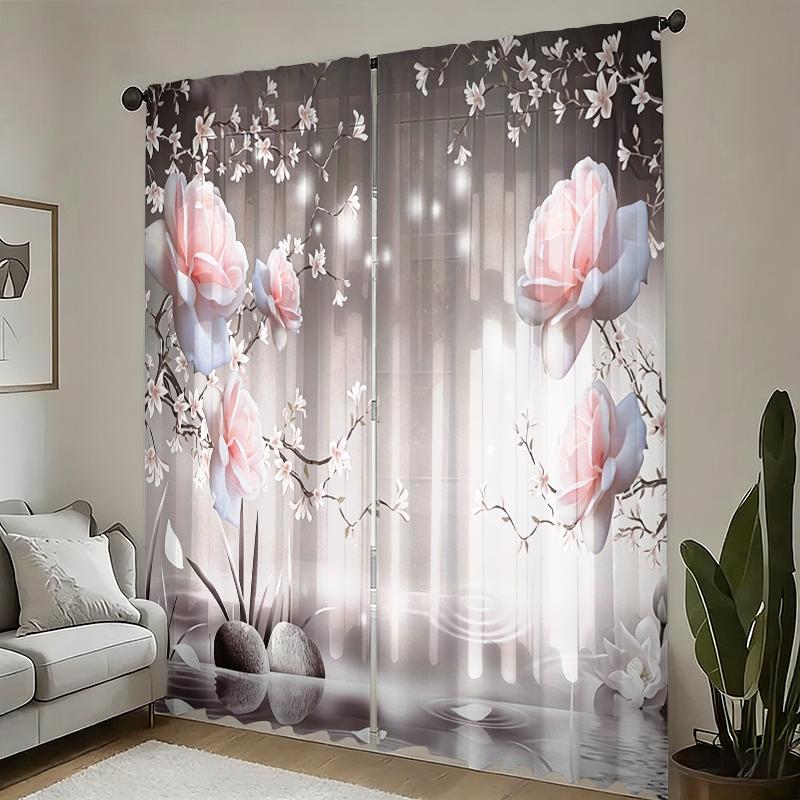 2Pcs Pink Grey Magnolia Floral Print Curtains, Polyester Rod Pocket Digital Print Semi-Transparent Curtains, Multi-Size Options