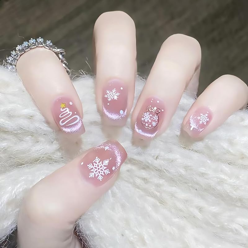 Christmas Press On Nails Medium Square Fake Nails with Gold Snowflake Christmas Tree Designs Xmas Red False Nail Acrylic Winter Snow Stick On Nail