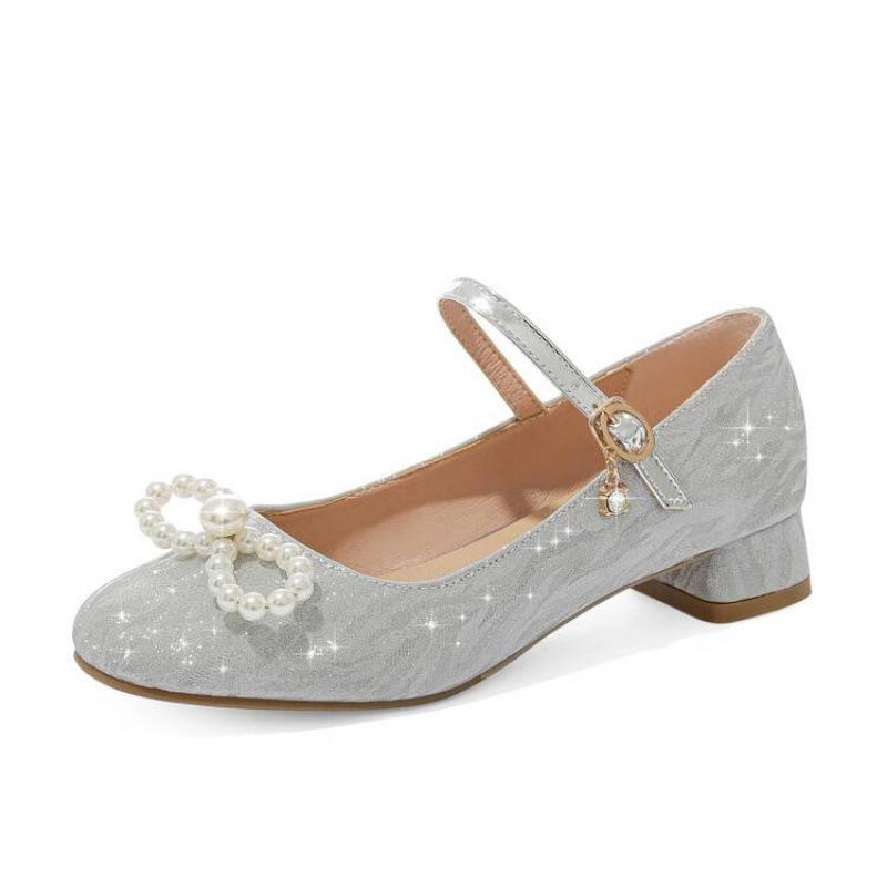 New girls single shoes sweet princess shoes older girls shoes bow buckle sequined crystal catwalk leather shoes