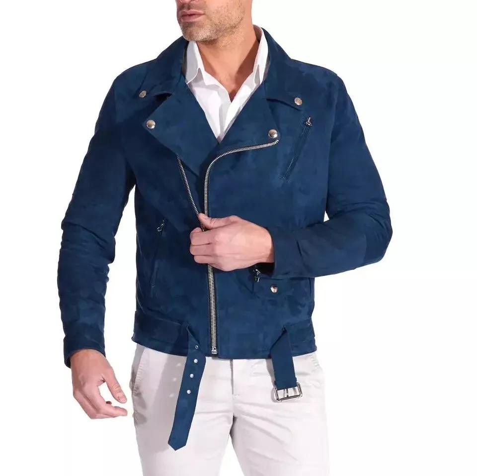 Men's Navy Blue Genuine Pure Soft Suede Leather Jacket Motorcycle Biker Casual