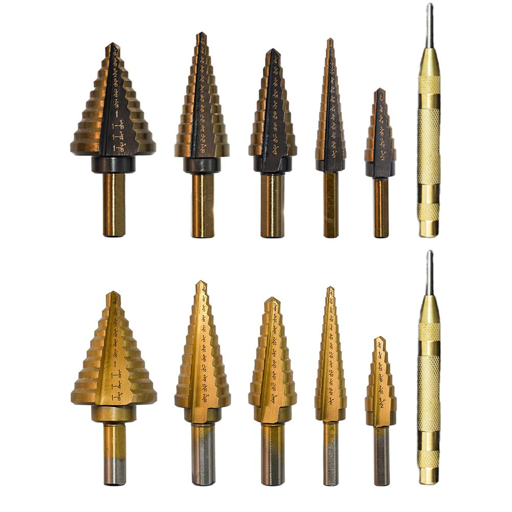 6pcs HSS Step Drill Bit Set Multiple Hole Conical Wood Drill Perforator Imperial Straight Flute Hole Cutter Tool for Metal Wood
